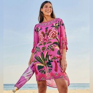 FARM Rio Anthropologie Pink Leopard Forest Cover-Up Dress Caftan tunic Small